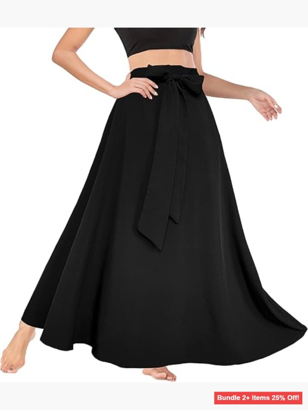 High Waist A-Line Maxi Skirt with Pockets, Tie Front, Flowy Long